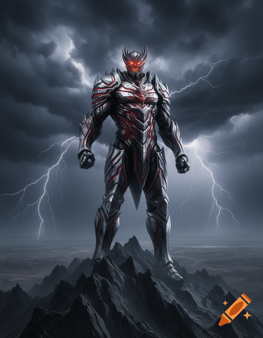 A menacing armored demon-like figure with glowing red eyes stands on a jagged mountain under a lightning storm. Dark fantasy digital art.