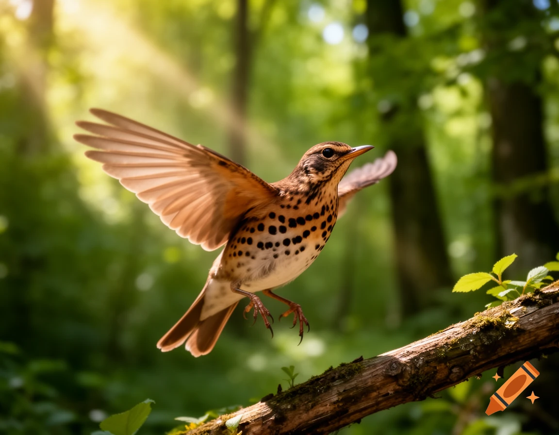 Photorealistic image of a brown, spotted bird with outstretched wings hovering above a mossy branch in a sunlit forest.