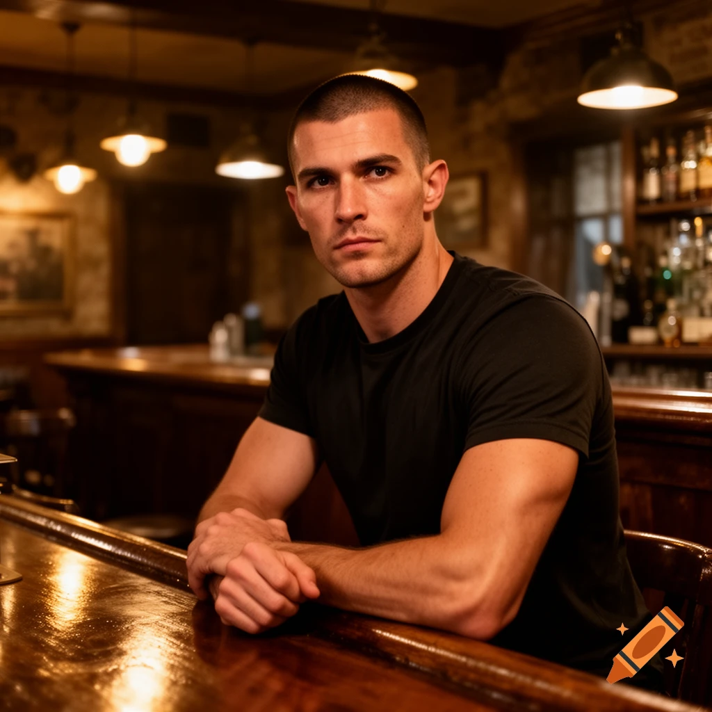 A man with short buzzed hair and a black t-shirt sits with his arms crossed on a wooden bar counter, looking directly forward in a dimly lit pub.
