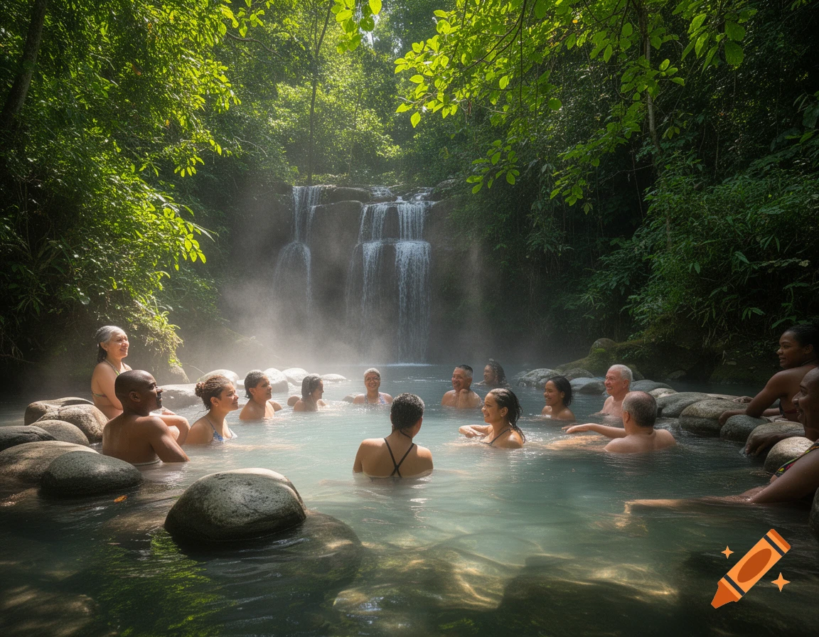 Diverse people bathe in a steamy natural hot spring with a waterfall and lush green jungle surroundings.