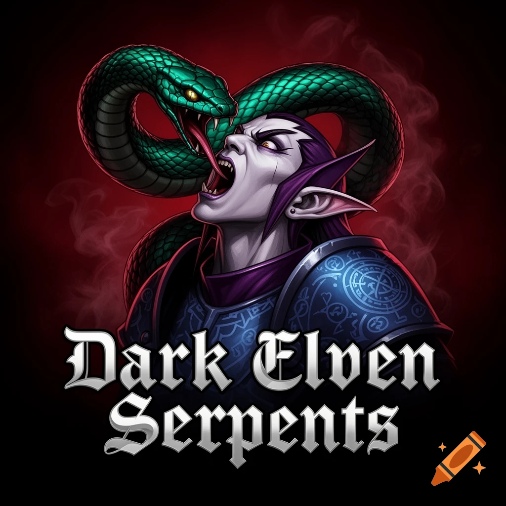 A dark elf character with purple hair and pointed ears screams as a green snake with glowing eyes lunges its head into their open mouth, against a red smoky background. Below, text reads 'Dark Elven Serpents' in a stylized font.