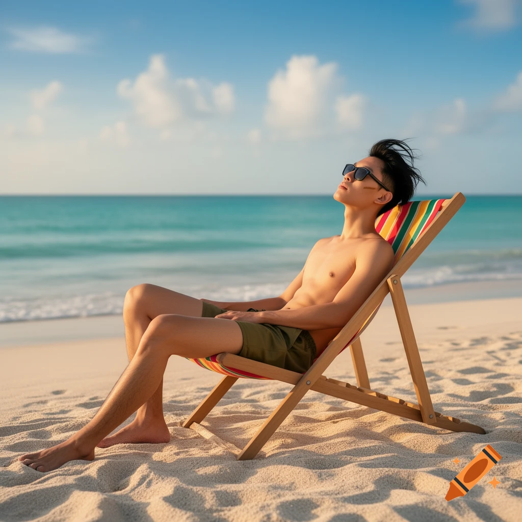 A slim Asian man sunbathing in a colorful striped beach chair on a sandy beach with turquoise water and blue sky.