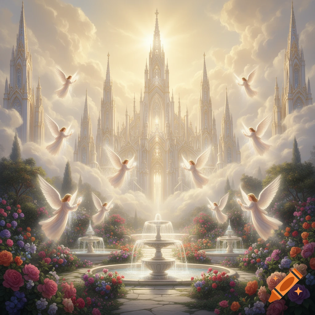 A majestic celestial kingdom featuring a luminous cathedral in the clouds, surrounded by flying angels, ornate fountains, and vibrant flower gardens.