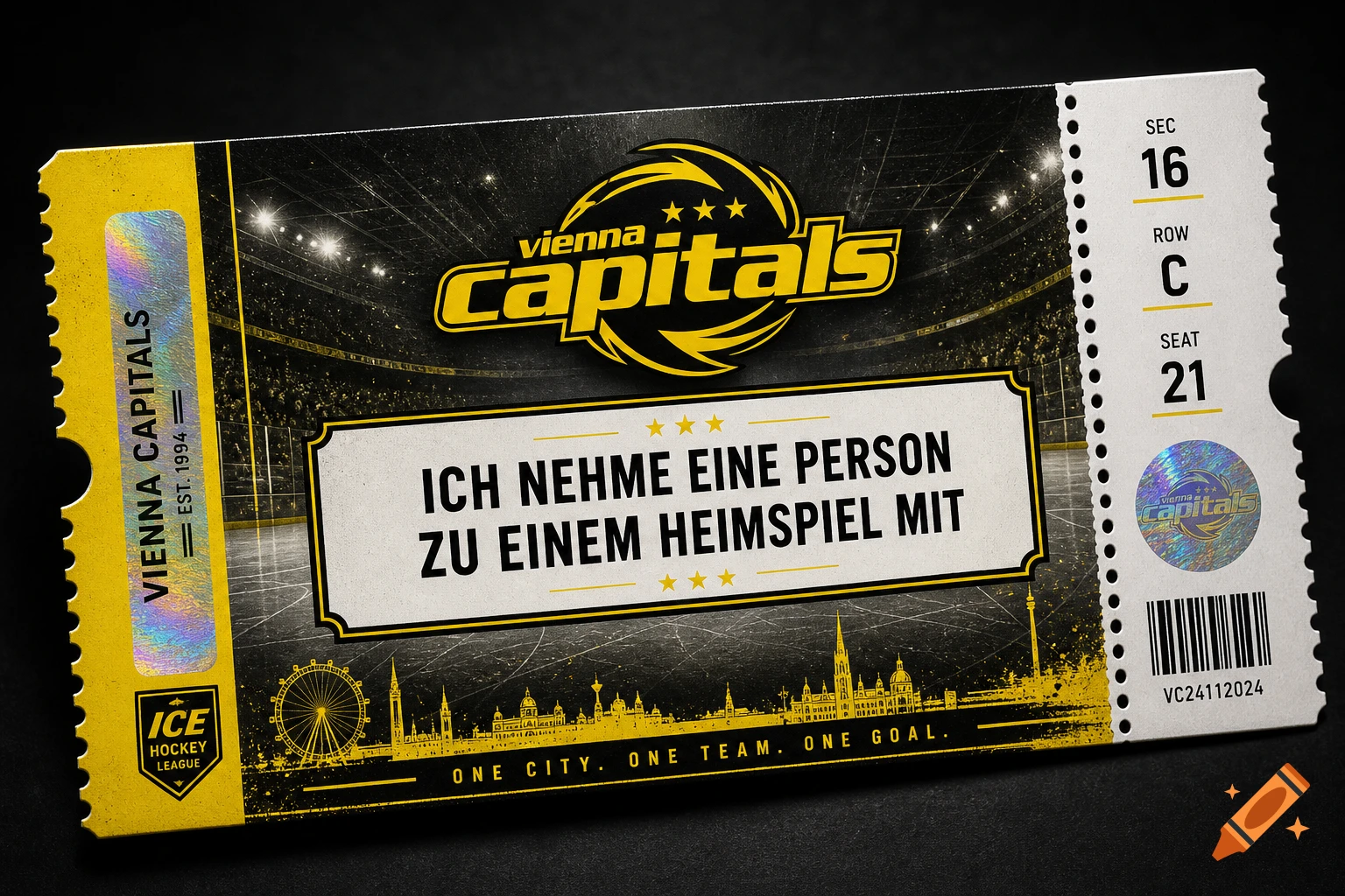 A stylized ice hockey ticket for the Vienna Capitals, featuring their logo, an arena interior, and a city skyline.
