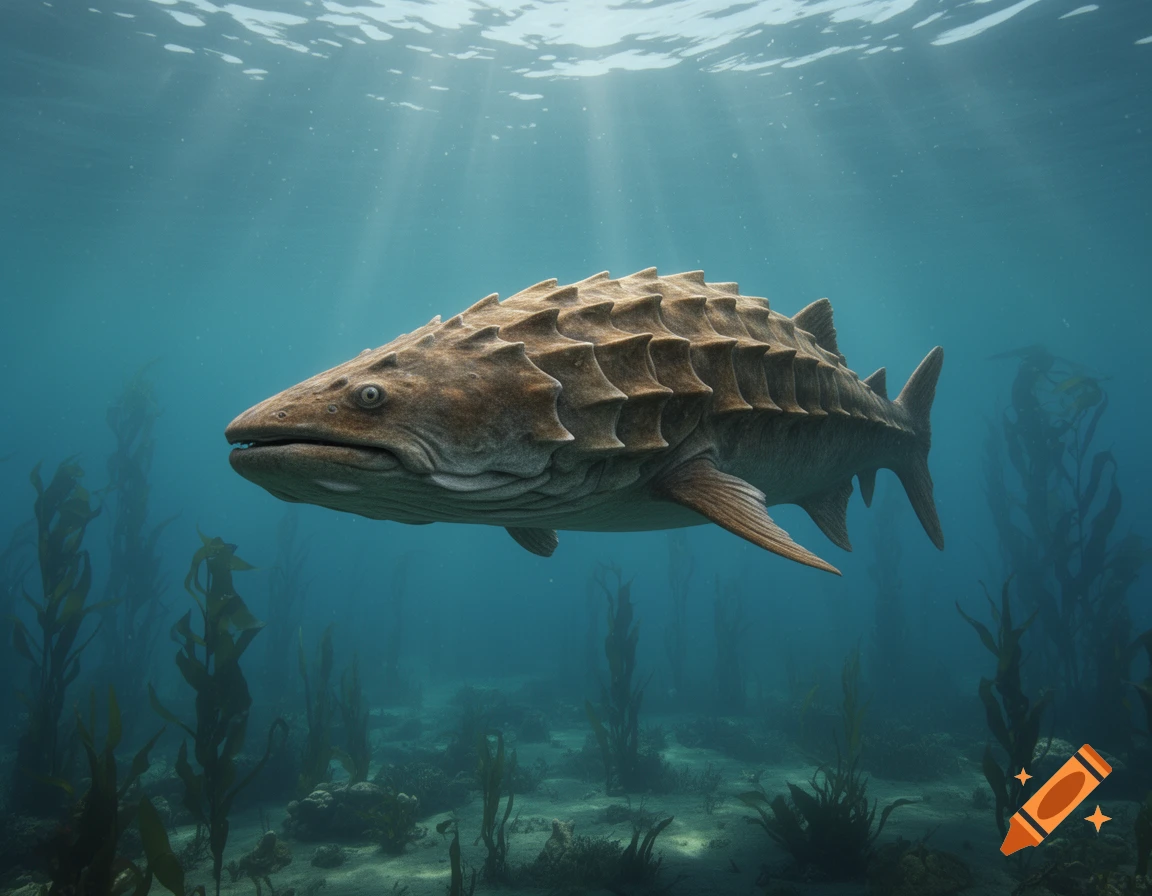 A prehistoric Dunkleosteus fish swims in clear blue water with light rays from above and kelp plants below.