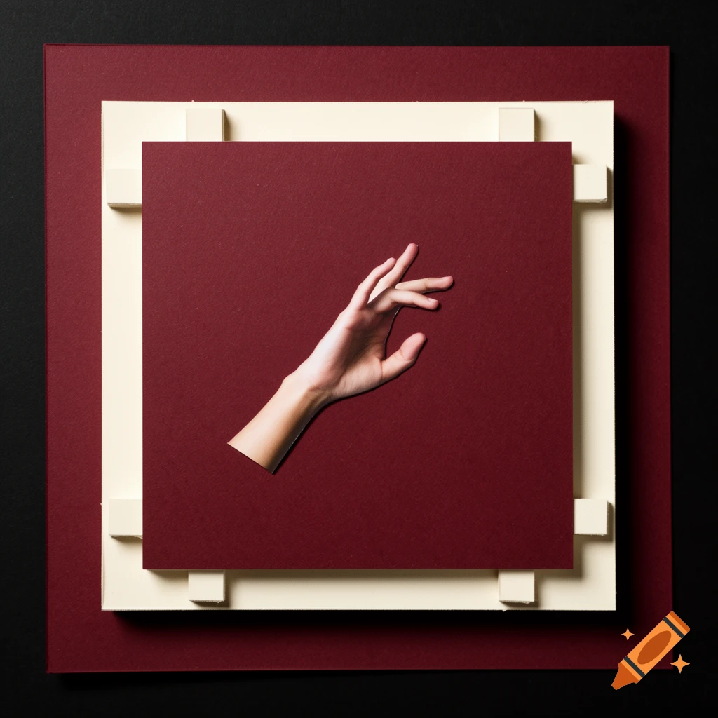 A light-skinned hand cut-out on a dark red square, layered over a cream frame with spacers, on a larger red background.