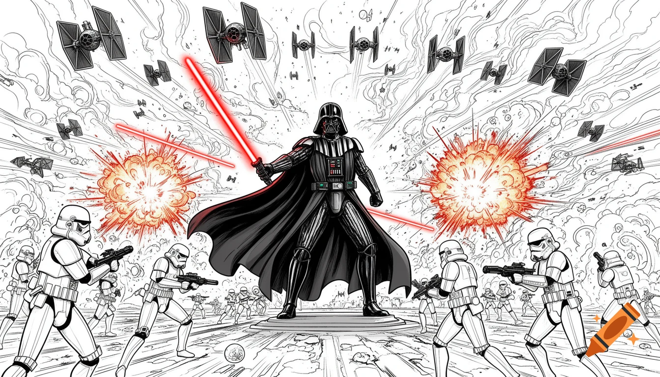 Darth Vader with two red lightsabers leads stormtroopers and TIE Fighters in a chaotic Star Wars battle, comic art style.