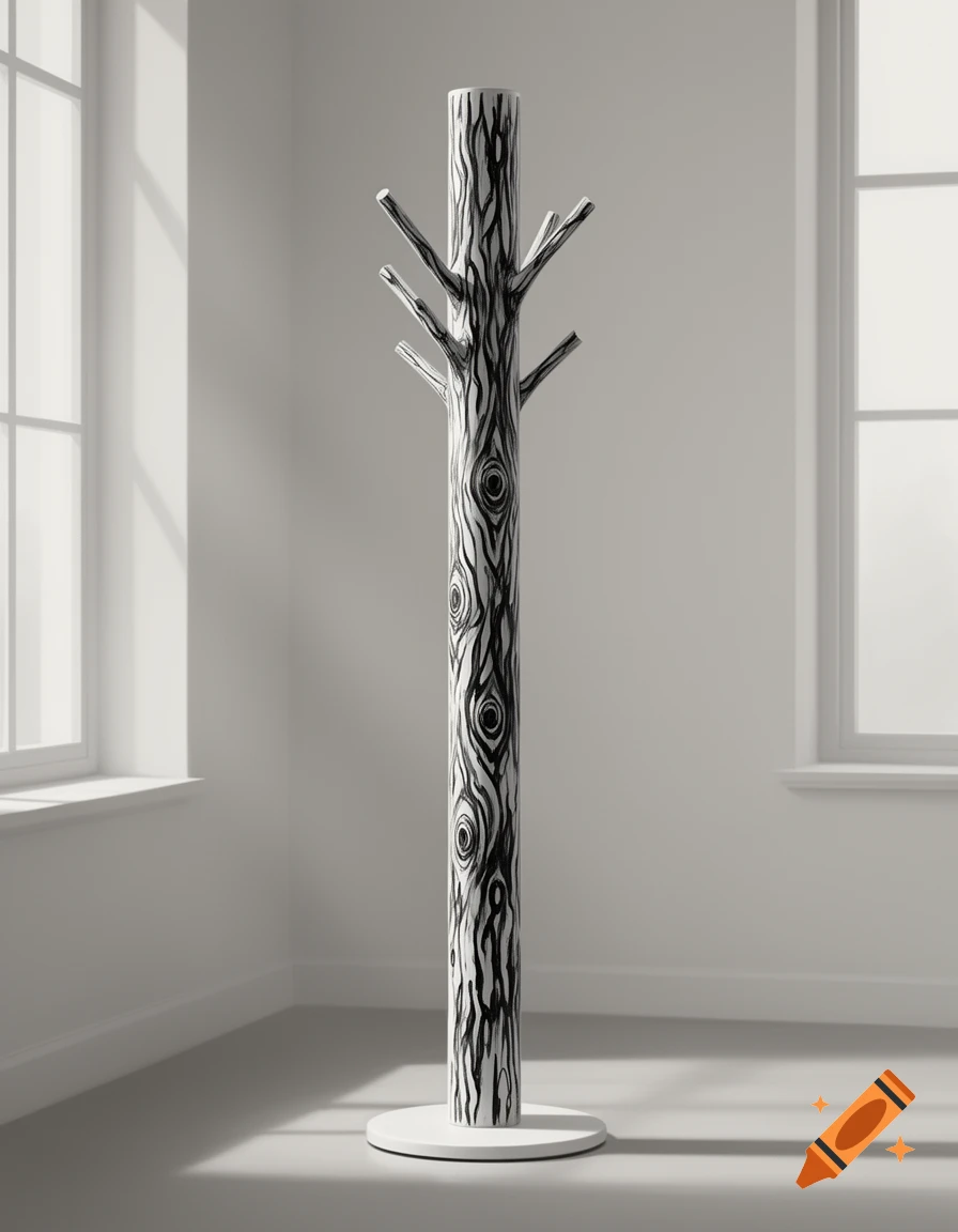 A minimalist white coat rack with abstract black tree bark painting, standing in a bright room with windows.