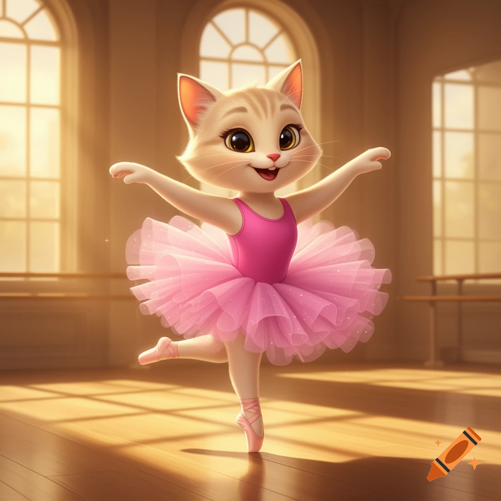 A cute female cartoon cat in a pink leotard and thick tutu dancing ballet in a sunlit studio.