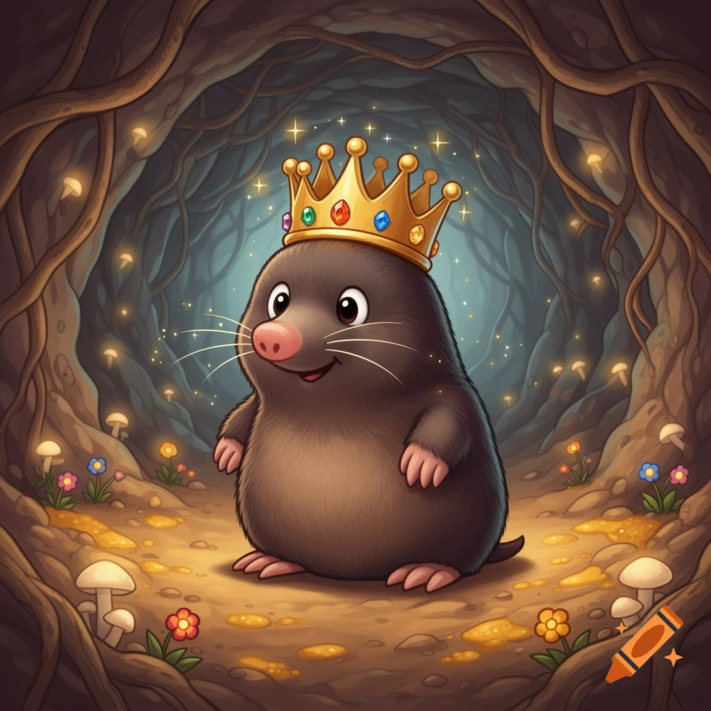 A cute cartoon mole wearing a golden crown with jewels, standing in a magical underground cave with glowing mushrooms and roots.