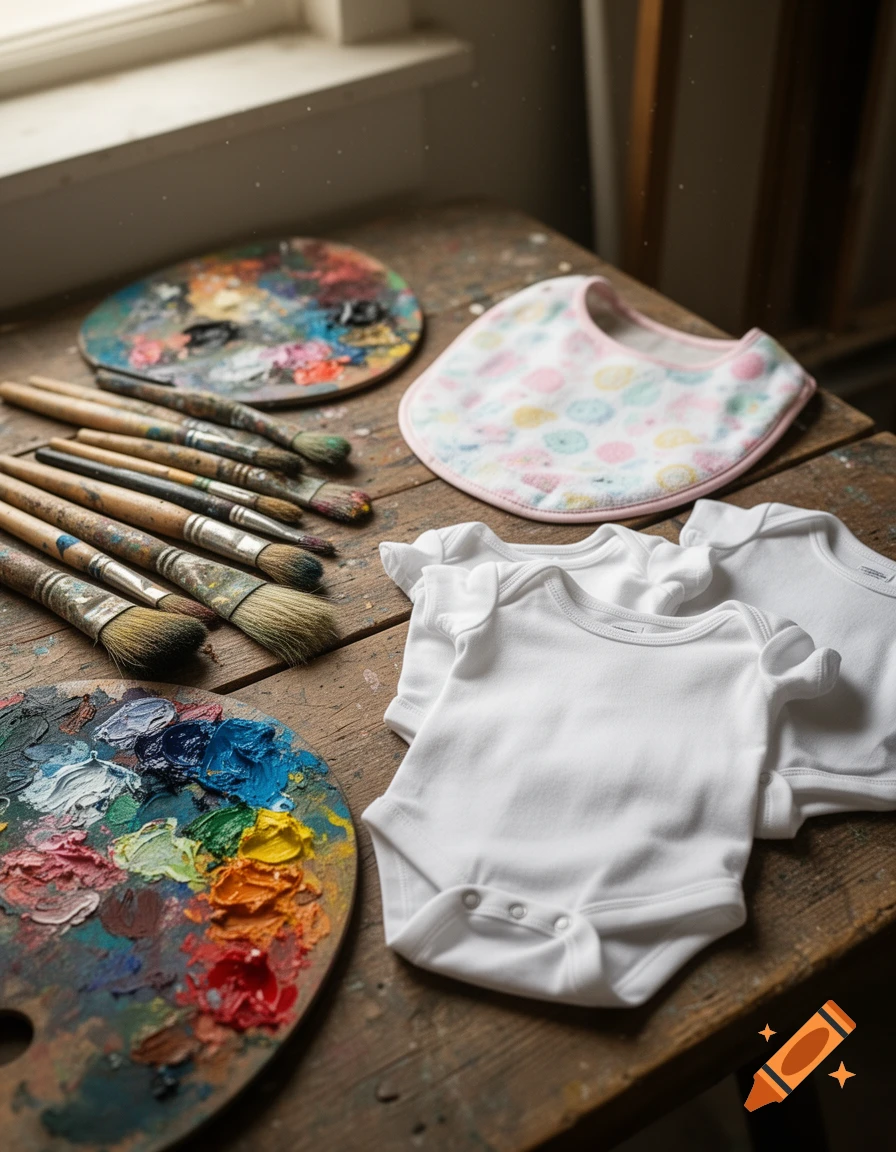 Two paint palettes with colorful paint, brushes, a patterned baby bib, and white baby bodysuits on a wooden table near a window.