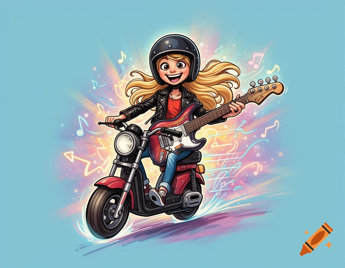 A cartoon girl with blond hair, helmet, and leather jacket rides a red moped, playing an electric guitar with energetic music notes around her.