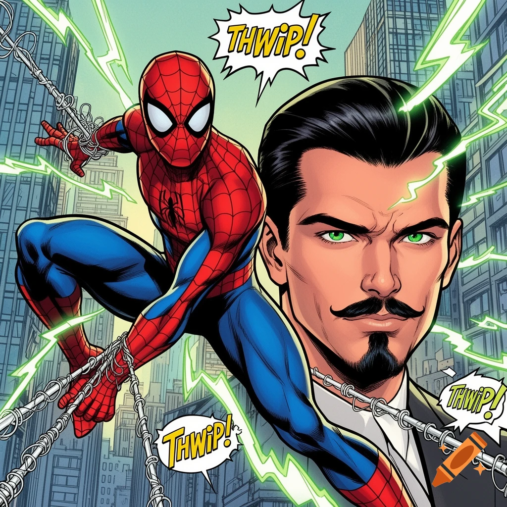 Comic art of Spider-Man swinging with webs in a city, next to a man with green eyes, a mustache, and goatee. Green energy flashes and 'THWIP!' sound effects.