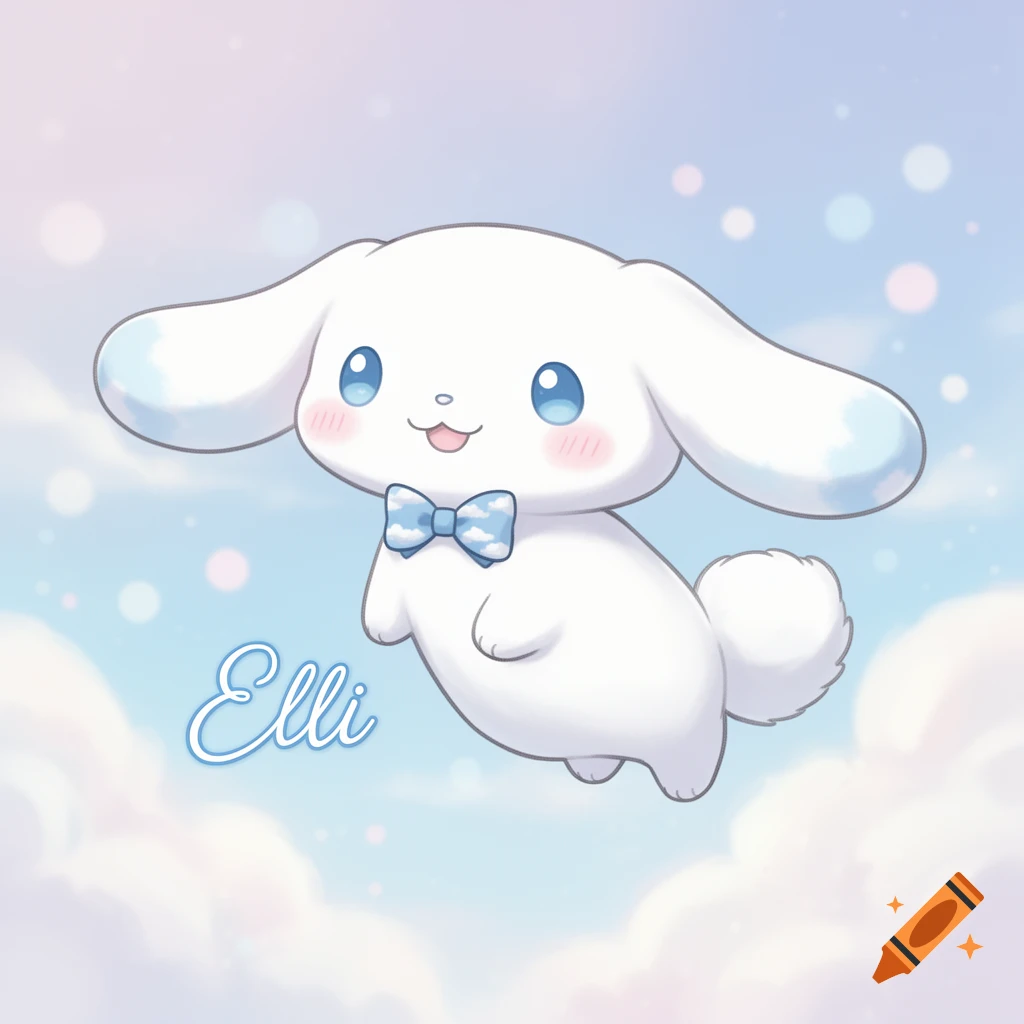 A cute white Cinnamoroll-like character with a blue bow tie floats in a pastel cloudy sky, with 'Elli' written below.