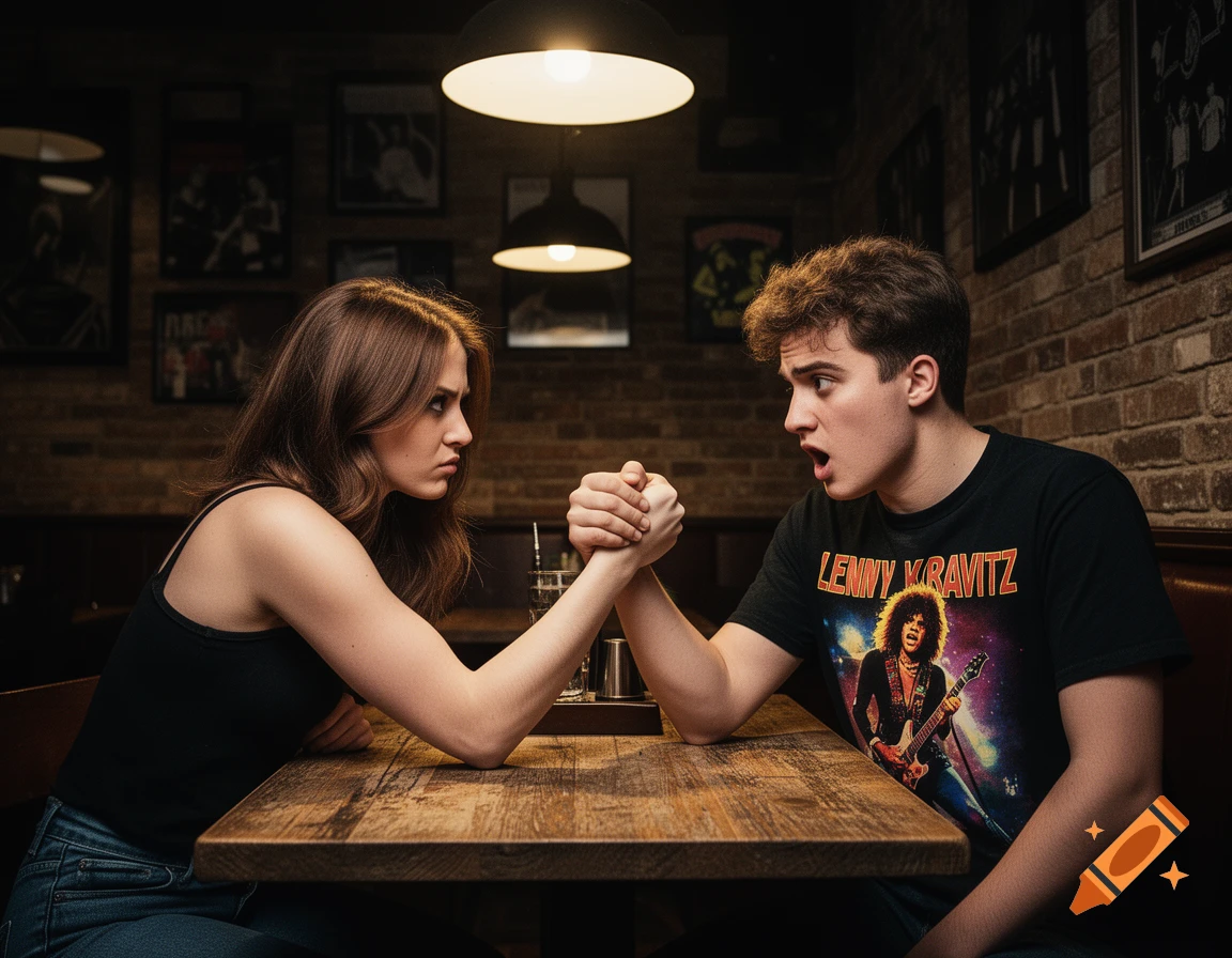 A young woman and man arm wrestle intensely at a rustic wooden table in a dimly lit cafe, photorealistic.