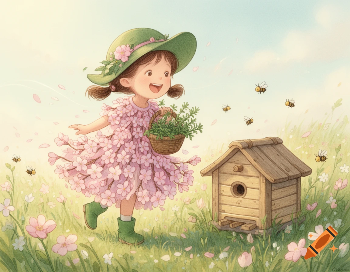 A happy cartoon girl in a flowered dress and green hat carries a basket of herbs, walking past a beehive in a flowery field.