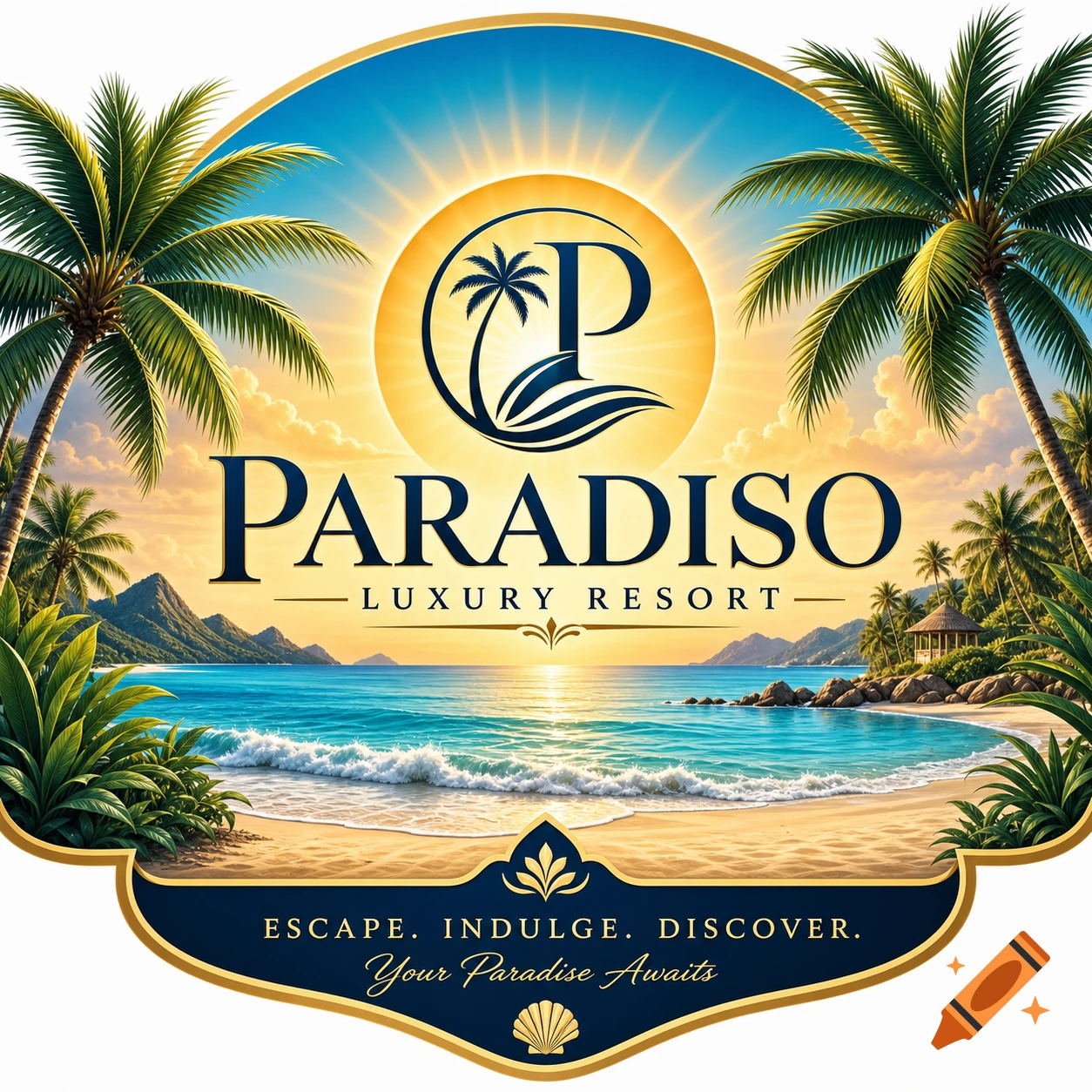 Professional luxury resort logo with a tropical beach, ocean, palm trees, and sun, featuring text 'PARADISO LUXURY RESORT' and 'Your Paradise Awaits'.