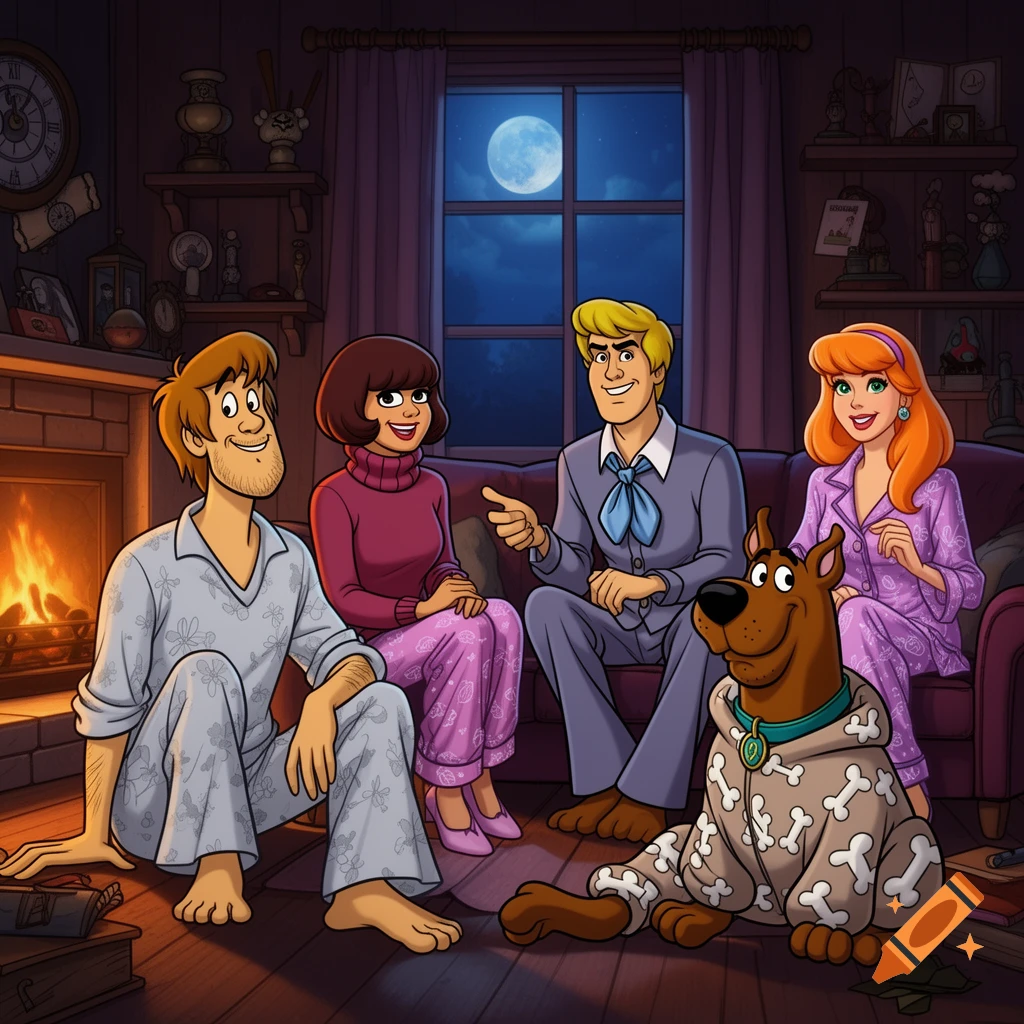 Cartoon of Scooby Doo, Shaggy, Velma, Fred, and Daphne in pajamas, sitting by a fireplace at night.