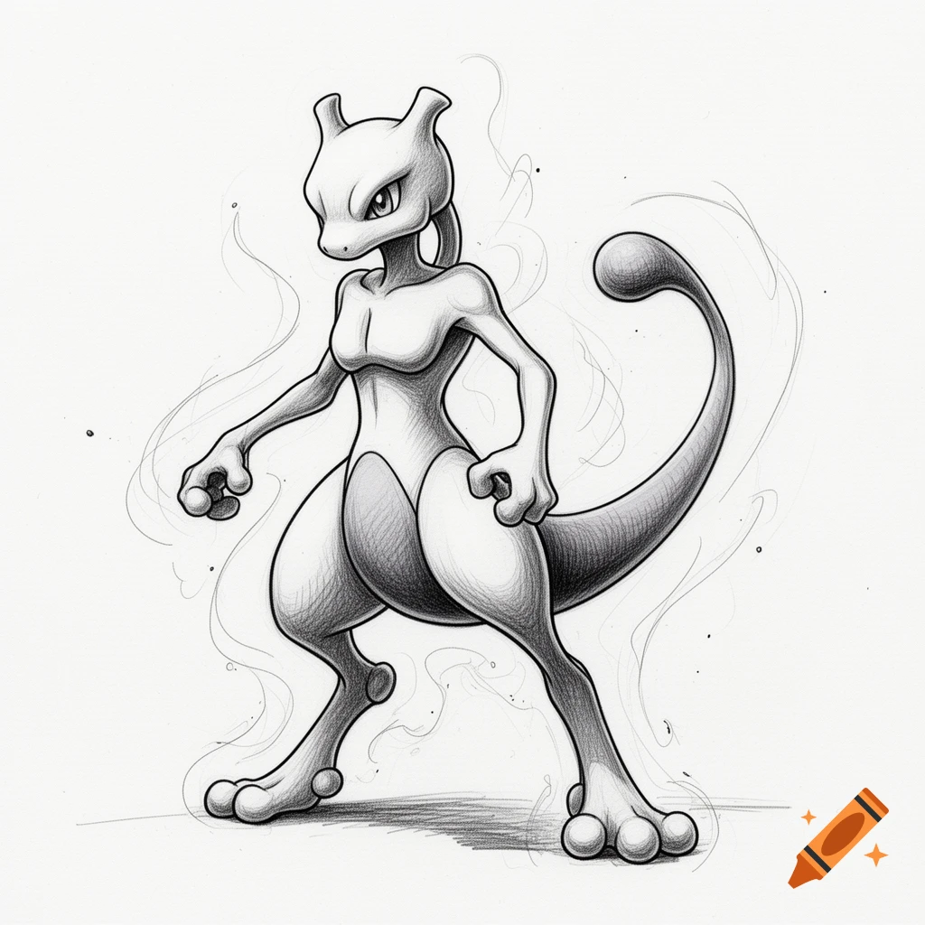Detailed black and white pen sketch of the Pokémon Mewtwo standing in a dynamic pose with energetic lines.