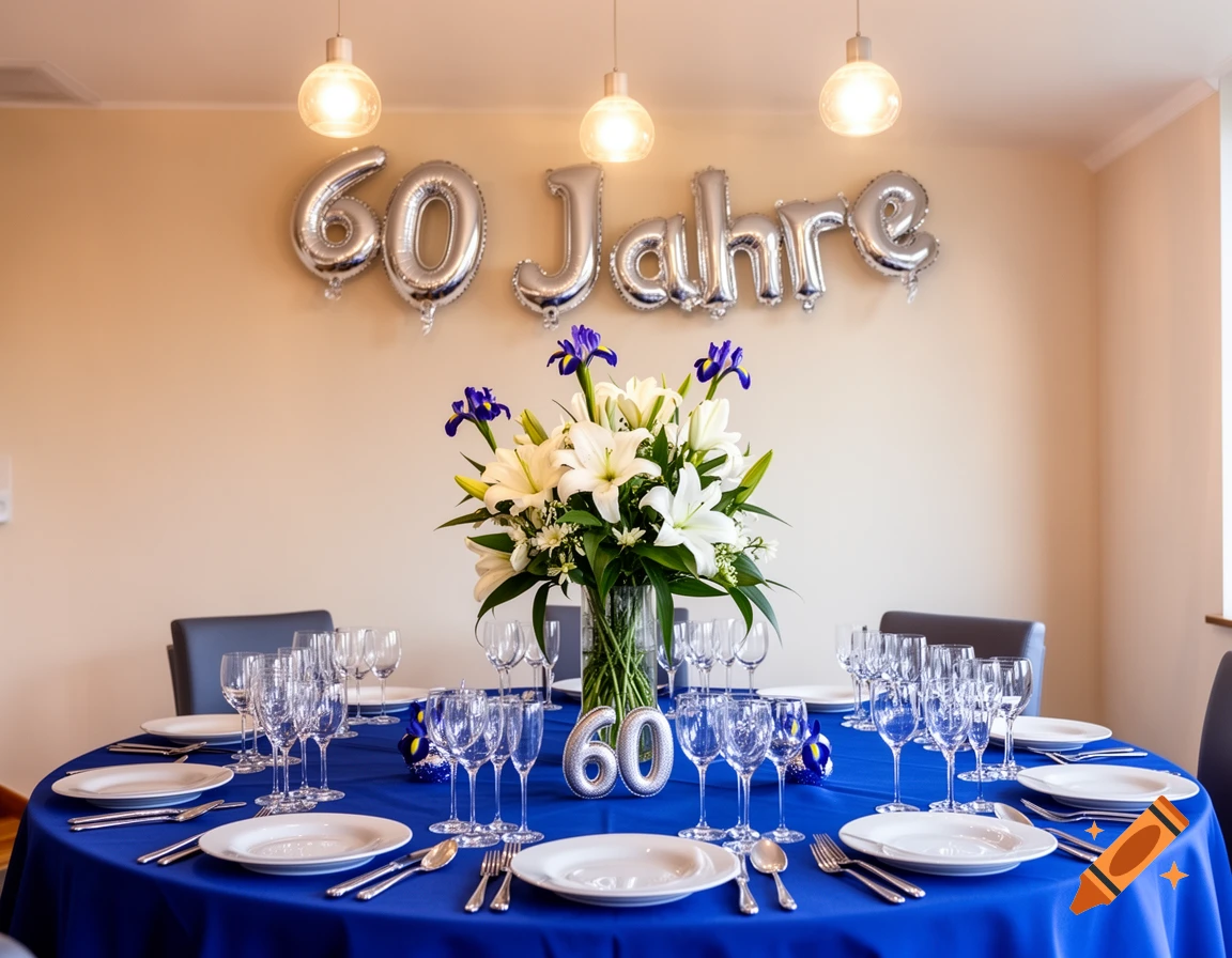 A round table set with a blue tablecloth, plates, glasses, and a floral centerpiece for a 60th birthday celebration.