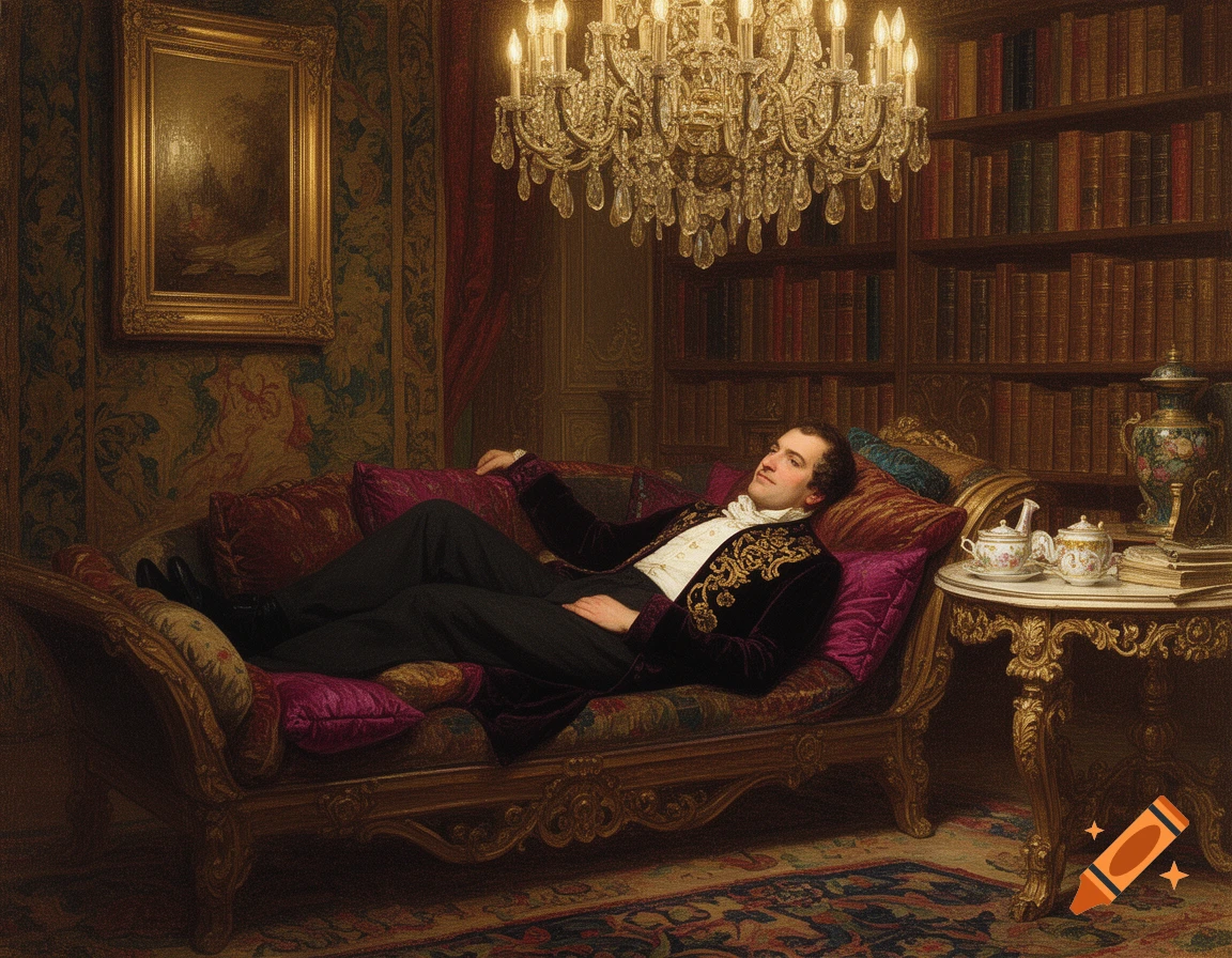 A wealthy man in a velvet jacket lounges on an ornate chaise lounge in a lavish library, in the style of an oil painting.