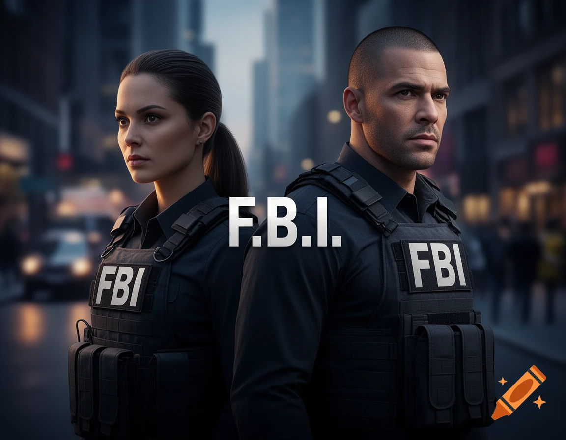 Photorealistic image of a female and male FBI agent standing back to back, with the letters F.B.I. superimposed.