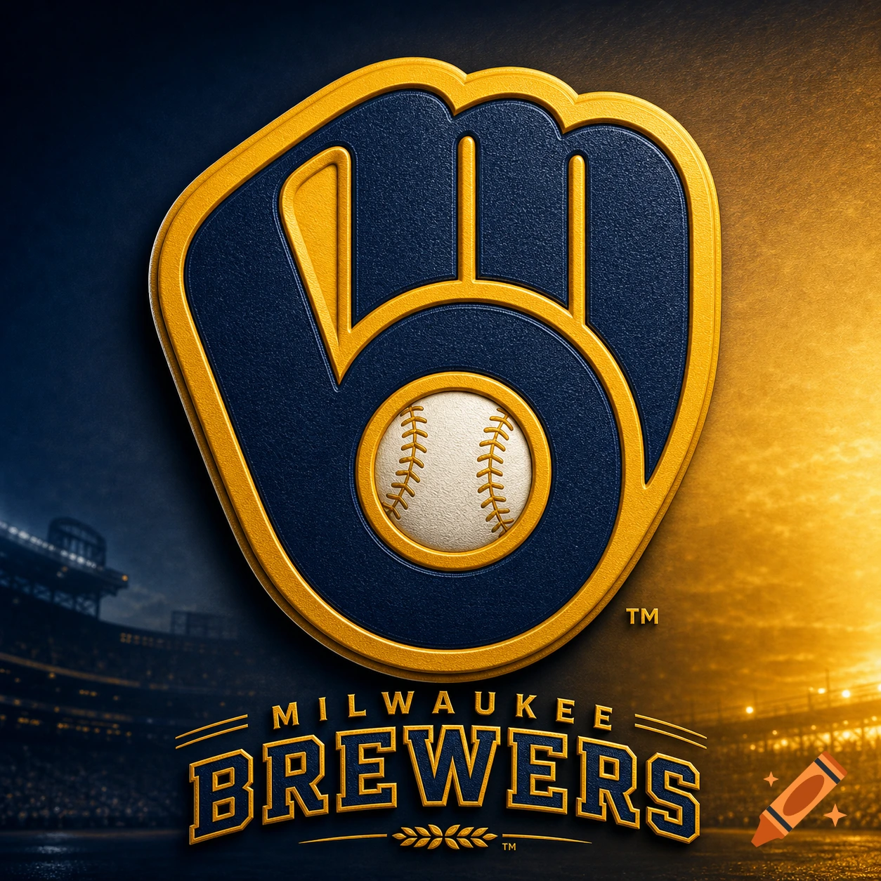 Milwaukee Brewers baseball team logo, a navy blue and gold stylized baseball glove forming 'M' and 'B' with a baseball, over a stadium background.