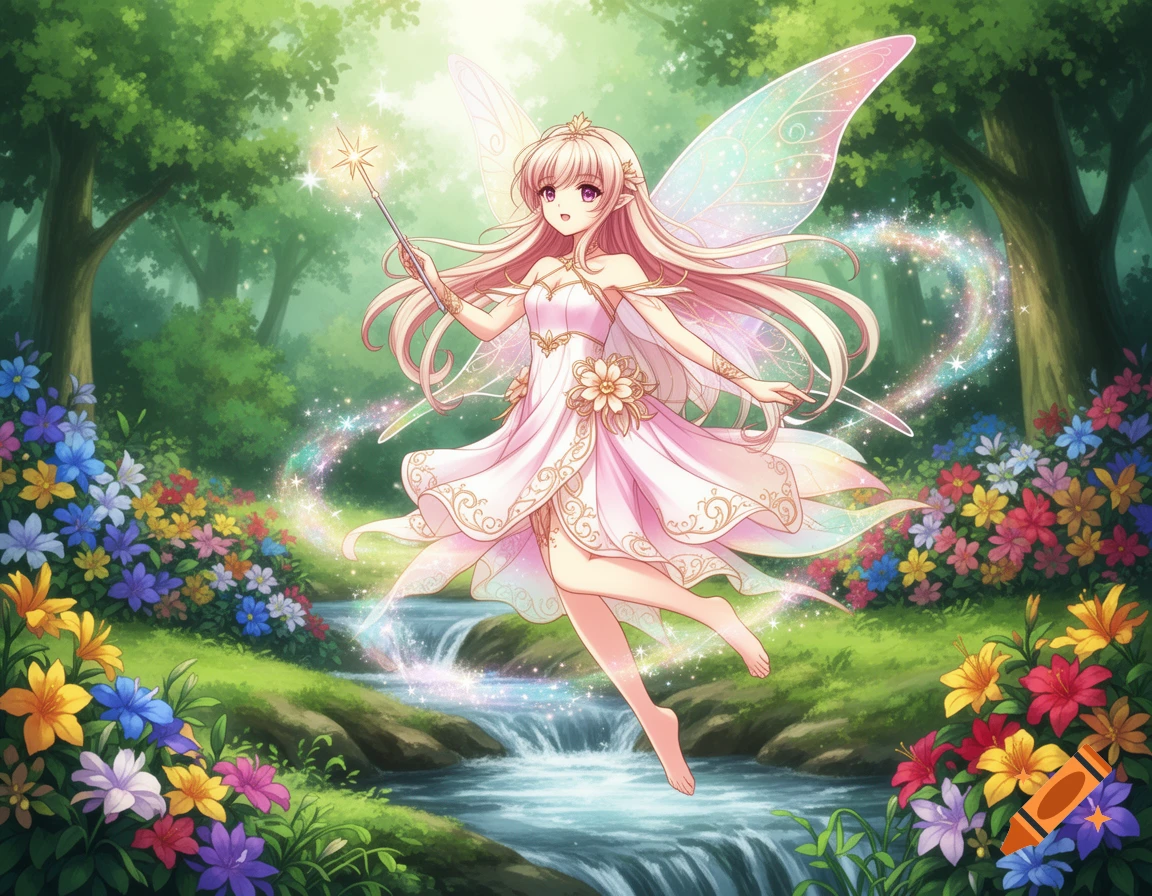 An anime fairy with pink dress and long blonde hair floats above a stream in a magical forest filled with colorful flowers.