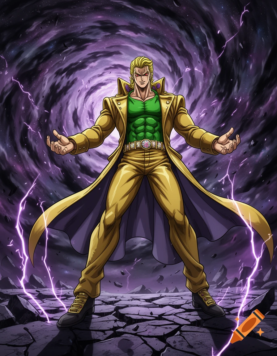 A muscular anime character with blonde hair, a green shirt, and a yellow coat stands amid purple lightning and a swirling vortex.