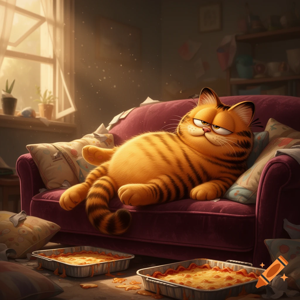 A portly Garfield the cat lounges on a purple sofa with trays of lasagna on the floor in a warm, cartoon style.