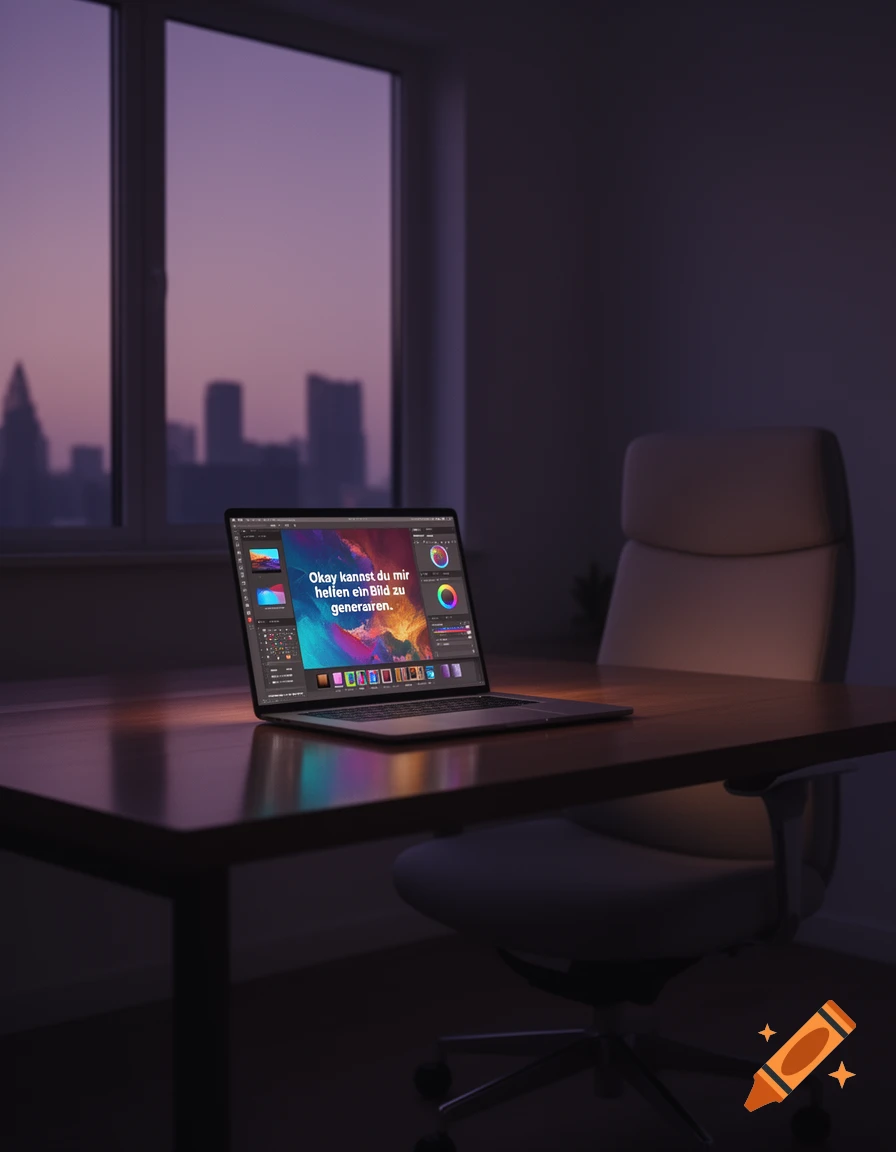 Laptop on a wooden desk with a colorful UI and text. City skyline at dusk visible through the window in a quiet room.