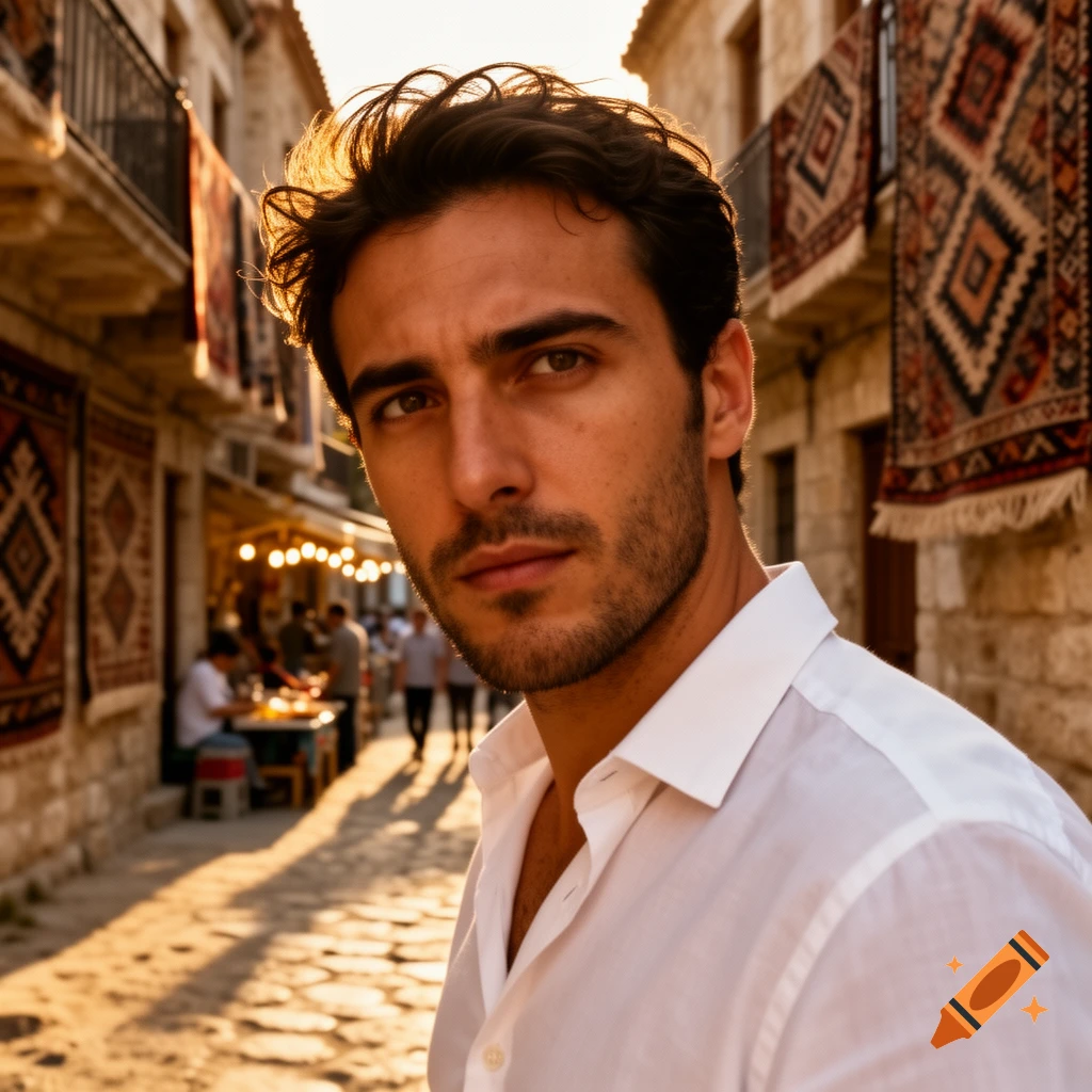 A handsome man with dark hair and a beard looks directly forward, bathed in golden sunlight on a stone market street lined with patterned rugs.