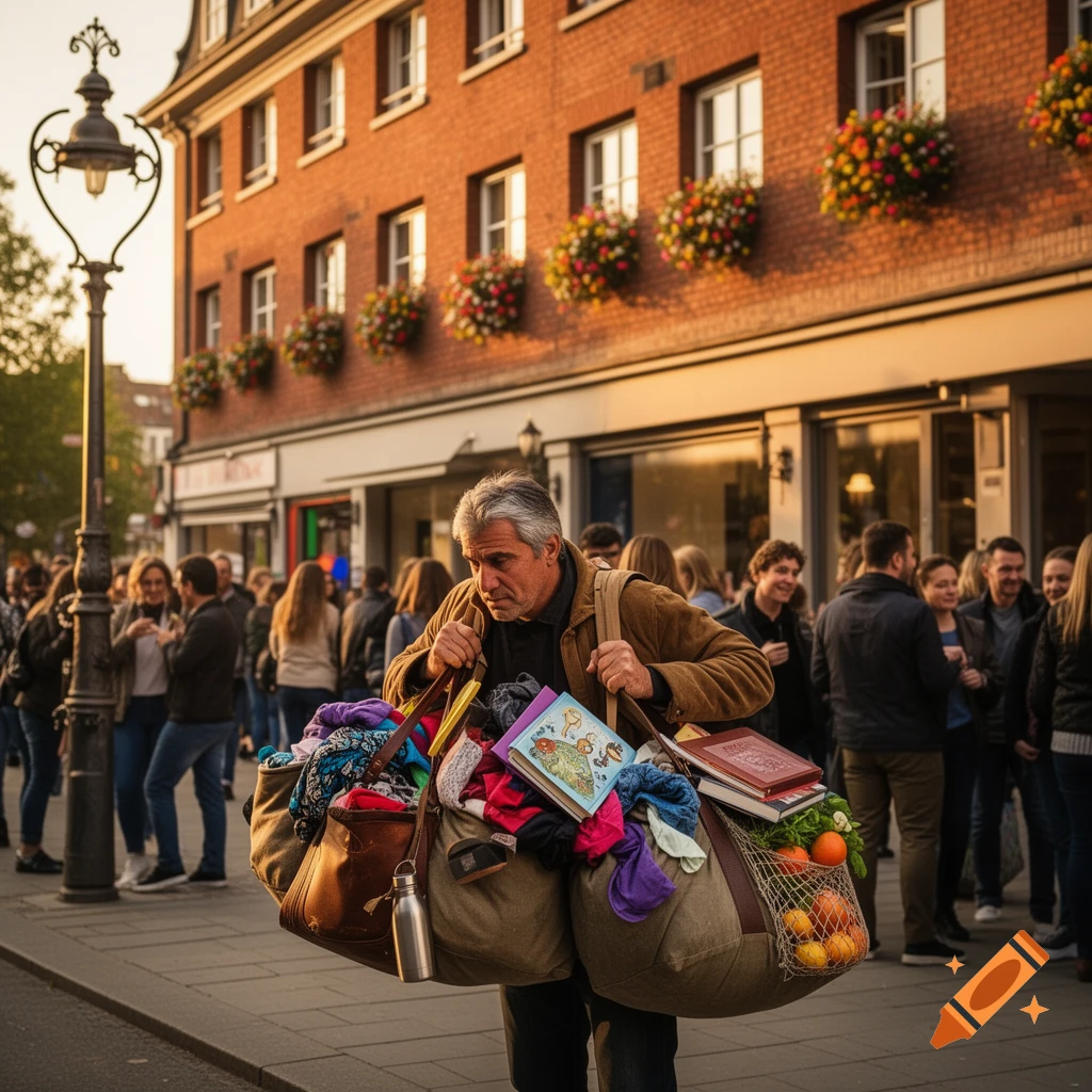 Older man with gray hair carrying multiple overflowing canvas bags on a city street with people and brick buildings at sunset.