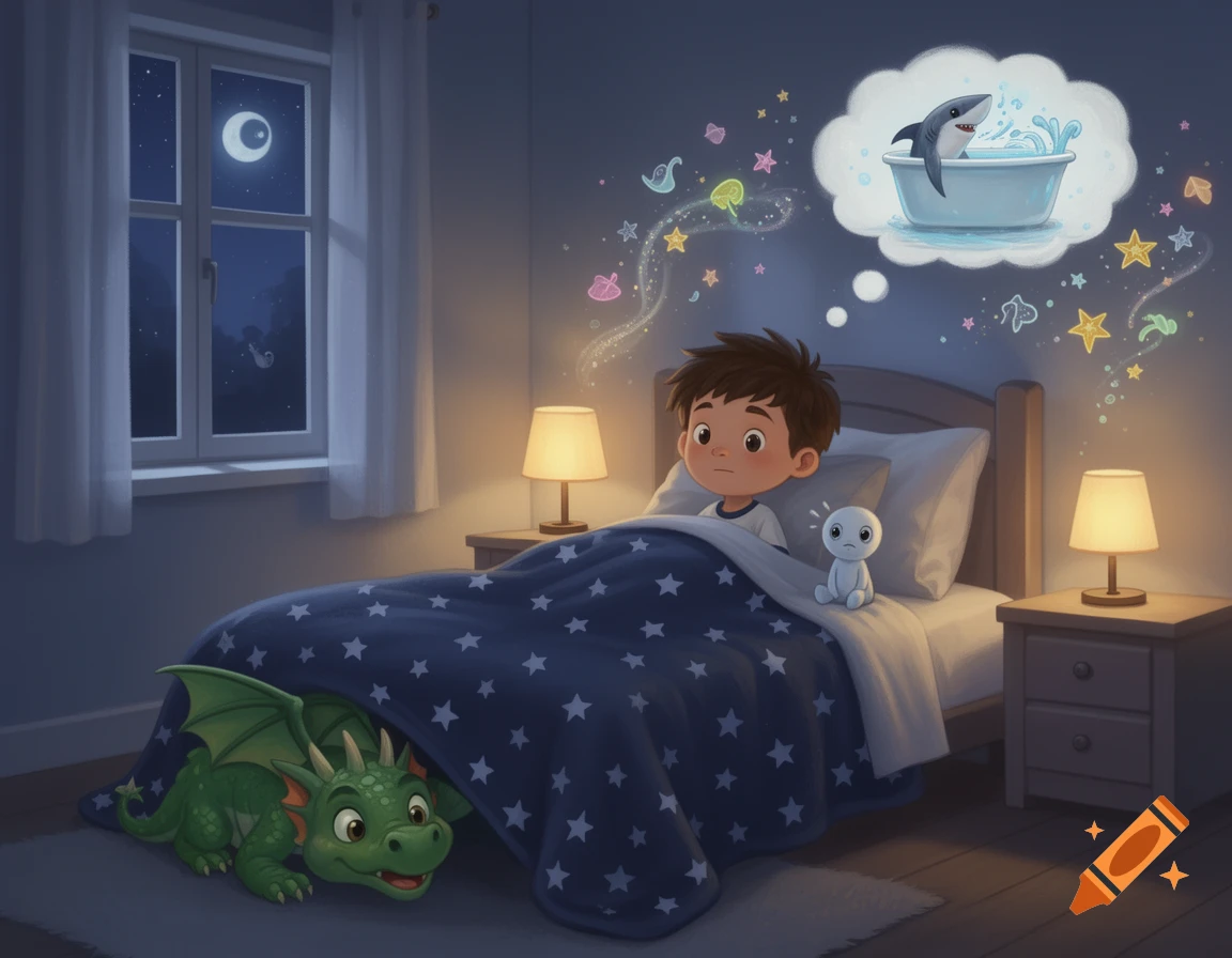Thoughtful boy in bed at night, with imaginary dragon, shark, and glowing shapes in a cozy bedroom, children's illustration.