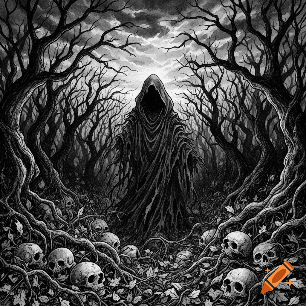 A grim reaper-like figure stands in a dark, gnarled forest littered with human skulls and roots, in a monochromatic ink style.