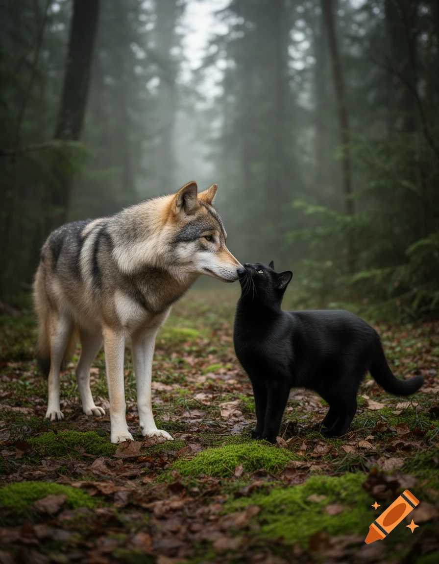 A photorealistic wolf and a black cat touch noses in a misty forest.
