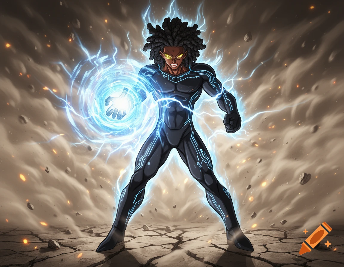 A powerful Black anime character with dreadlocks, in a dark suit with glowing blue circuits, charges an energy blast.
