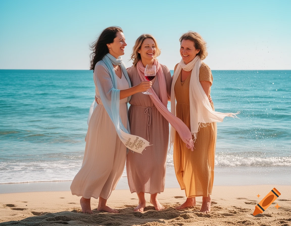 Three smiling women in dresses and scarves stand barefoot on a sandy beach by the ocean, one holding a glass of red wine.