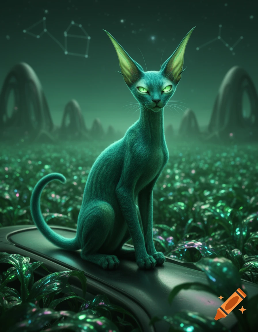 A sleek, dark green alien cat with large ears and glowing eyes sits on a metallic beam in a glowing green alien landscape.