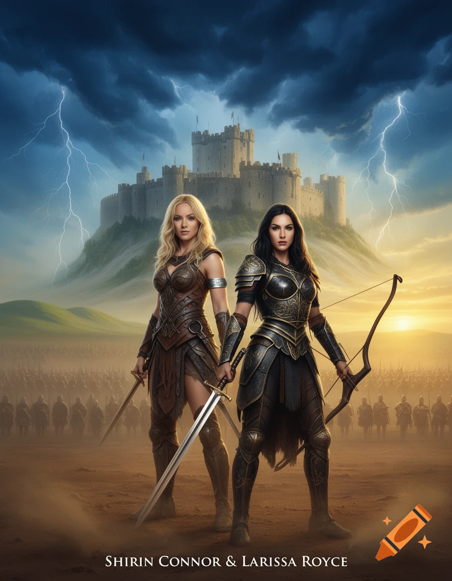 Two armored female warriors stand with a sword and a bow before a castle, stormy sky with lightning, and a distant army in cinematic style.