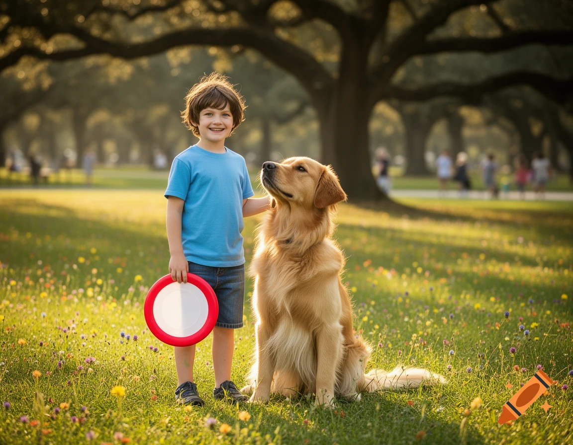 A smiling boy with a frisbee stands next to a golden retriever in a sunlit park with wildflowers.