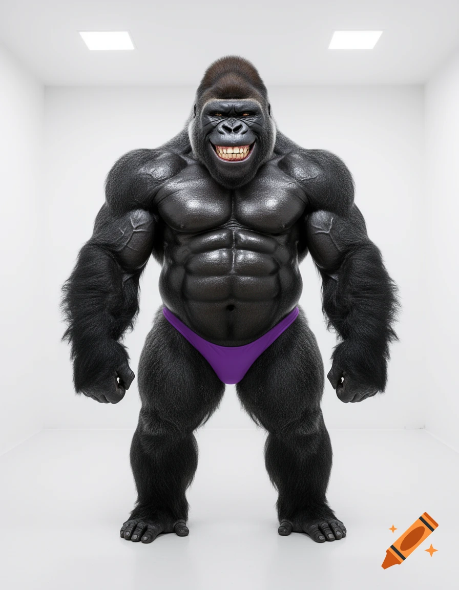 A hyper-muscular gorilla-human hybrid bodybuilder with shiny skin and an arrogant smile, wearing a purple posing thong, standing in a white room.