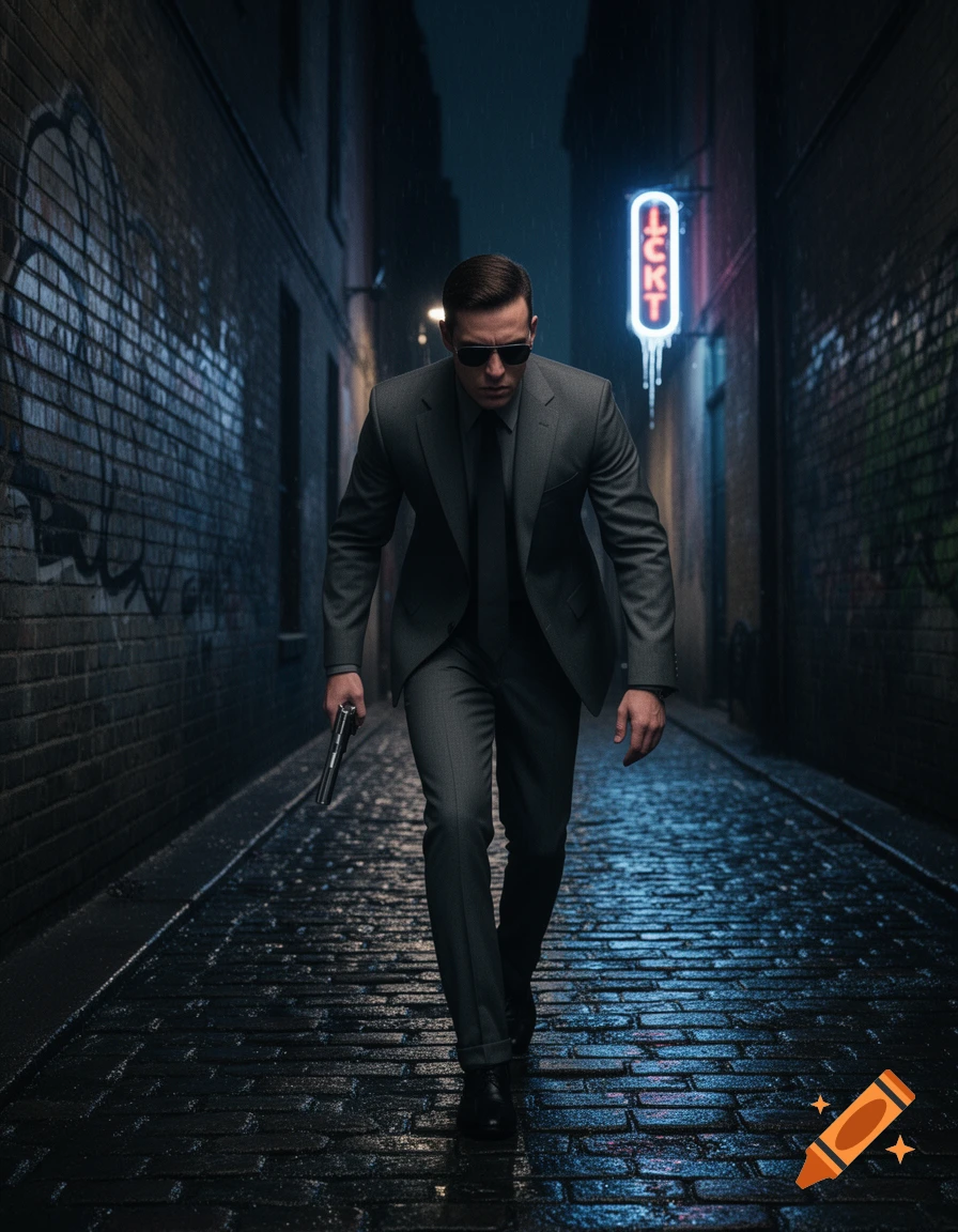 A man in a dark suit and sunglasses holds a pistol while walking down a wet, brick alley at night under a neon sign. Photorealistic style.