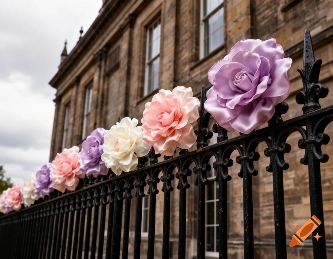 Photorealistic image of pink, white, and purple silk flowers adorning an ornate black metal fence in front of a stone building.