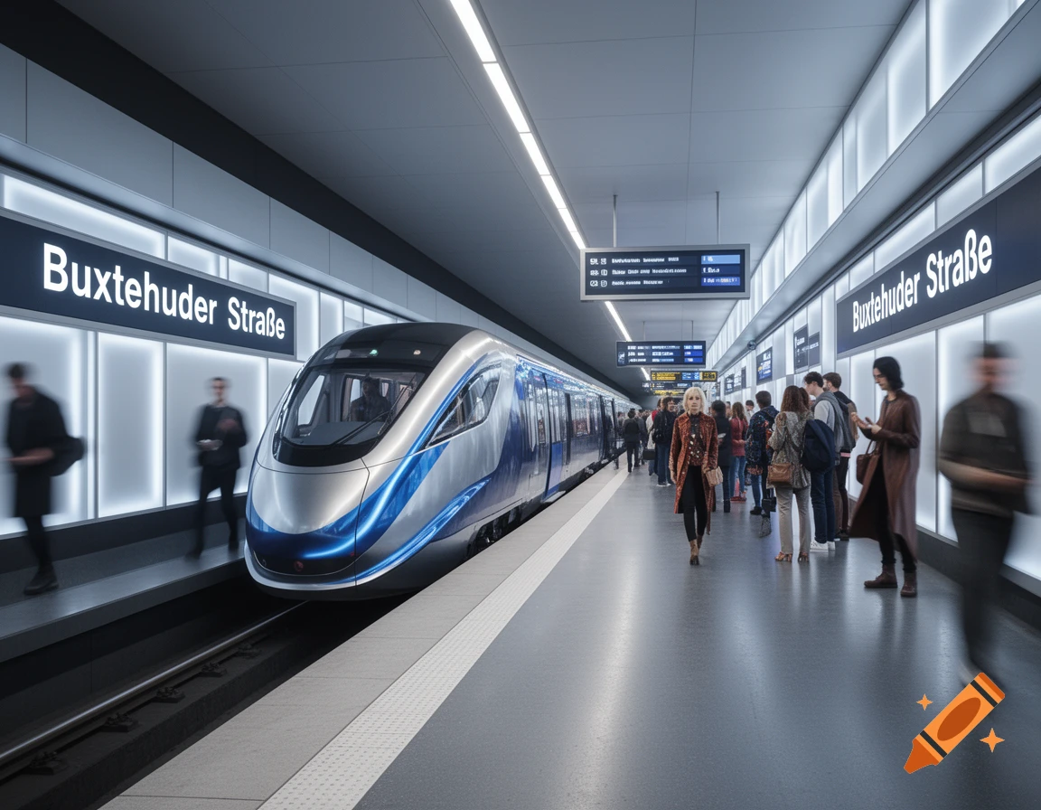 A modern, sleek silver and blue subway train arriving at a brightly lit underground station with "Buxtehuder Straße" signs and passengers on the platform.
