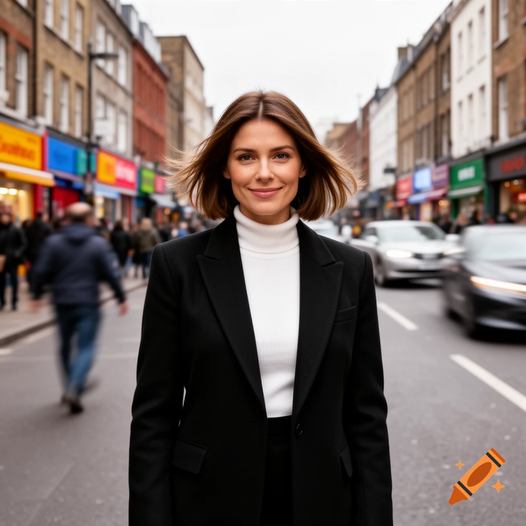 A photorealistic image of a smiling woman in a black blazer and white turtleneck on a blurred city street.