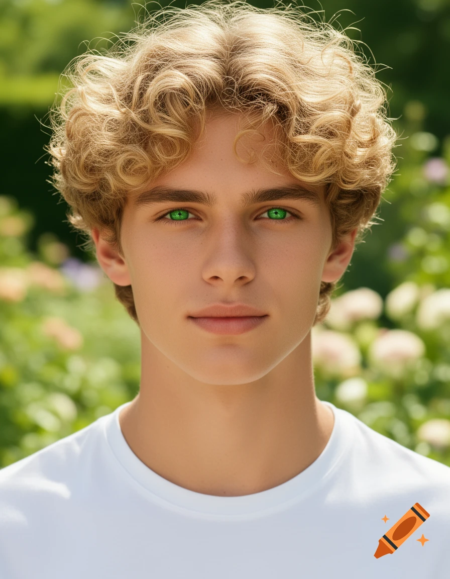 Photorealistic portrait of a young man with curly blond hair and piercing green eyes, wearing a white t-shirt, in a sunny garden.