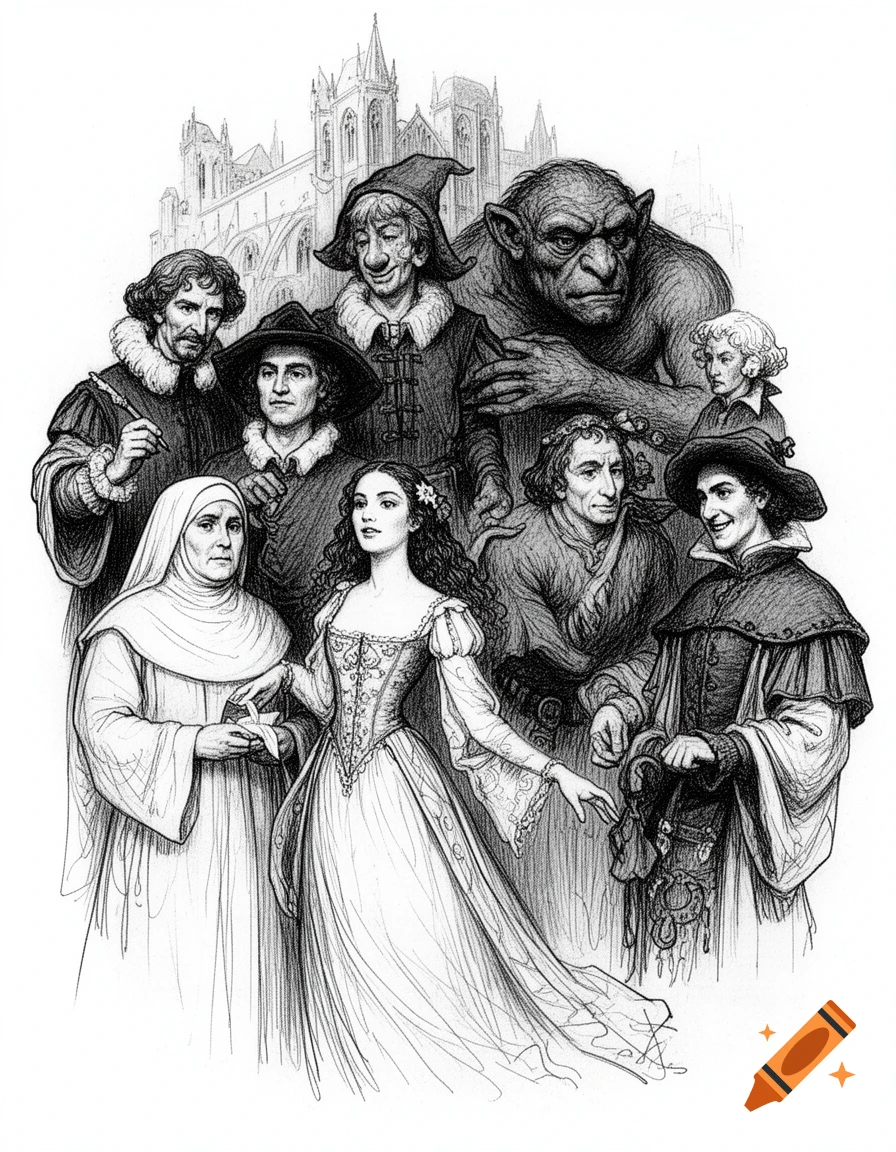 Black and white pencil drawing depicting various characters from The Hunchback of Notre-Dame, with a cathedral in the background.