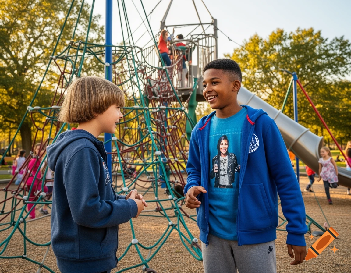 Two smiling boys talk on a sunny playground with climbing nets and a slide.