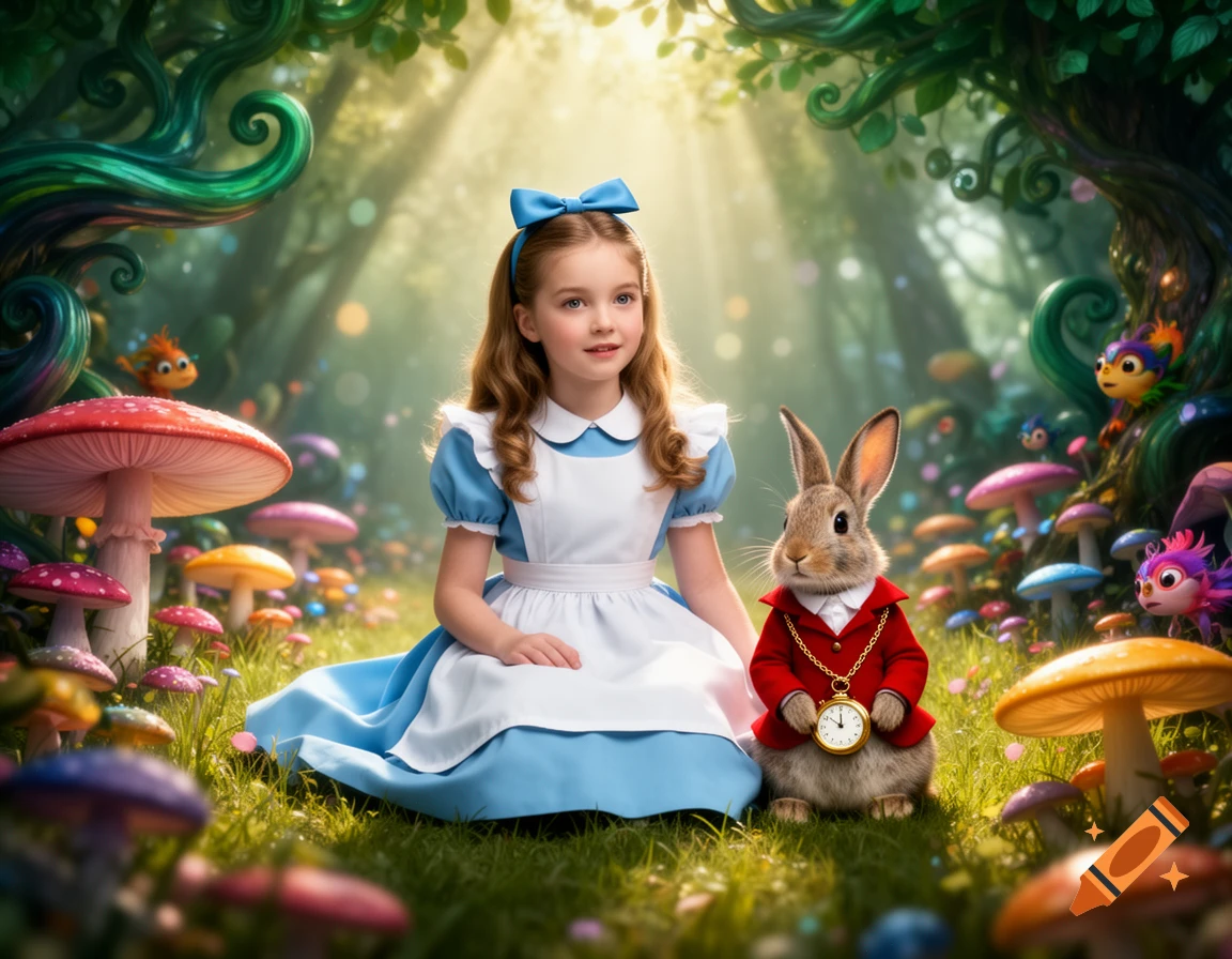 Alice from Wonderland sits with the White Rabbit holding a pocket watch in a vibrant, enchanted forest with colorful mushrooms.